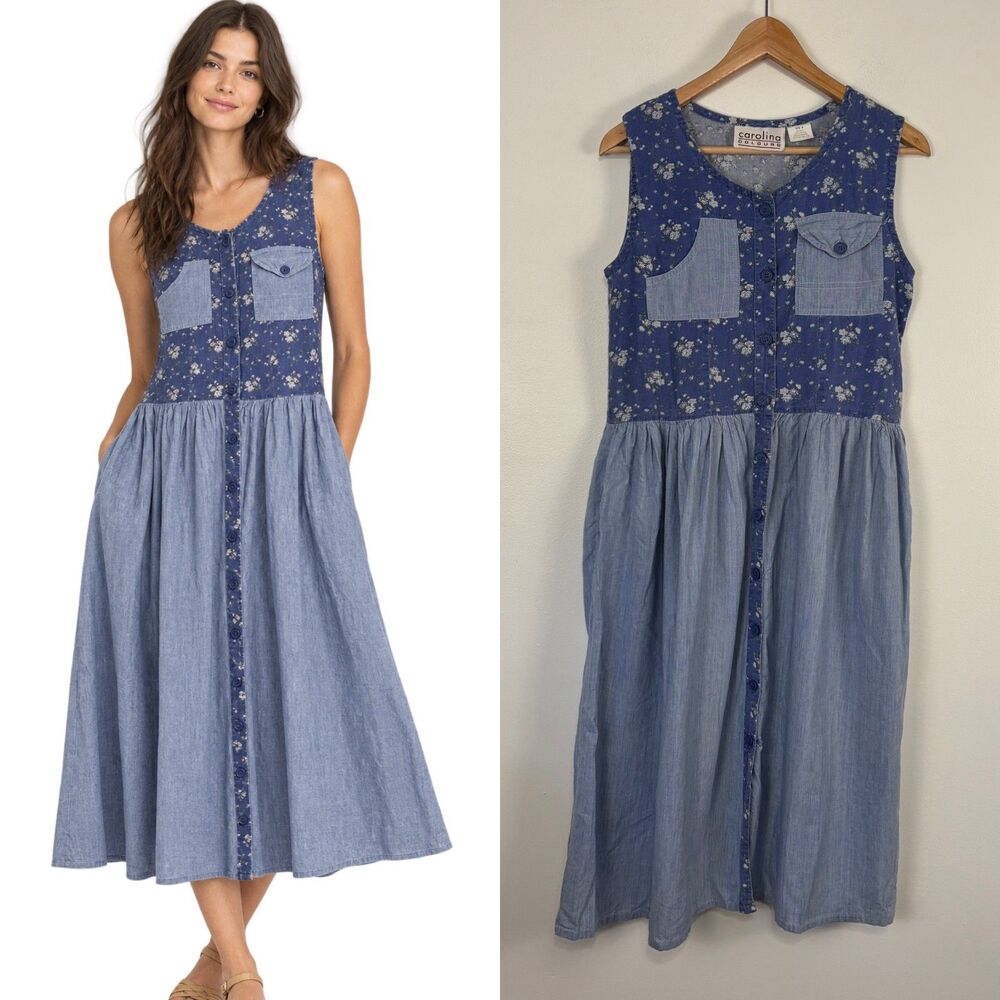 VTG 90s Cottagecore Floral Chambray Midi Dress Size M Pockets Carolina Colours